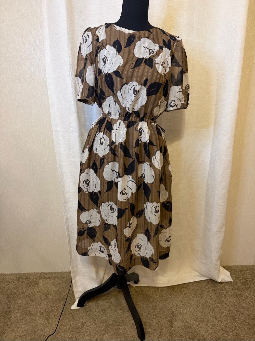 Brown Floral Midi Dress with White Bloom Print